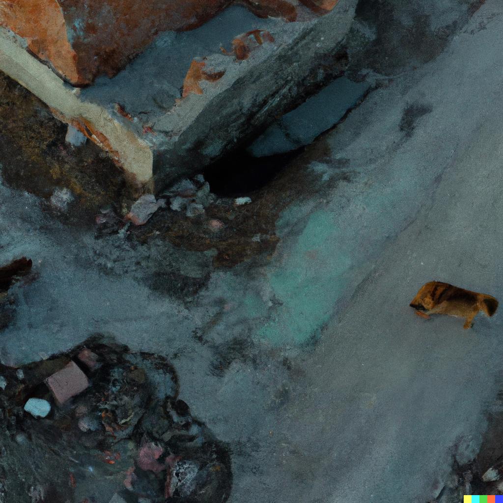 Post-Apocalyptic small town, two ginger cats walking through. 4k Kodachrome. Overhead view.